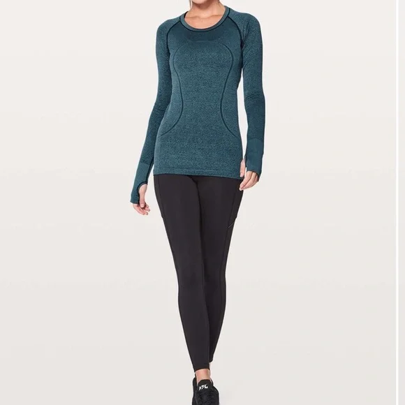 Lululemon Swiftly Tech Long Sleeve Crew Black / Desert Teal Size 10 - Picture 1 of 14